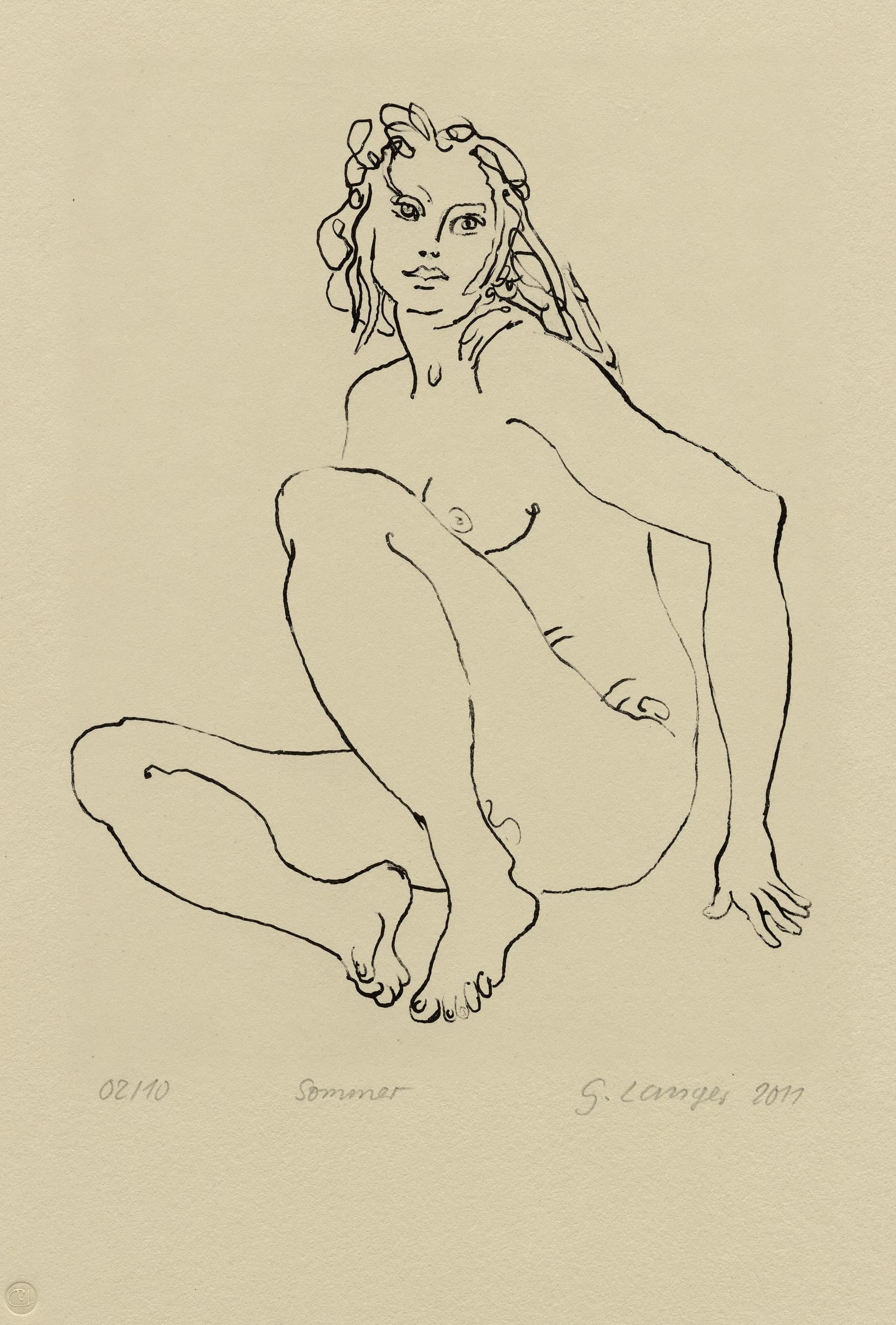 Gunter Langer, sitzender weiblicher Akt, 2011, Lithographie (Druckgrafik), Büttenpapier